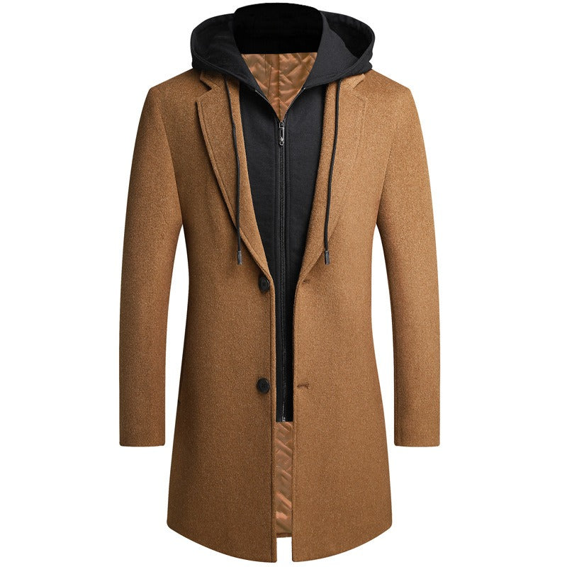 Men's Detachable Hooded Wool Jacket Windproof Mid-Length Coat Casual Thick Trench Coat | 1909-3