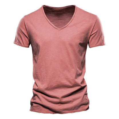 Men’s Deep V-Neck T-Shirt 100% Cotton Plain V-Collar Tee High-Quality Basic T-Shirt | F037