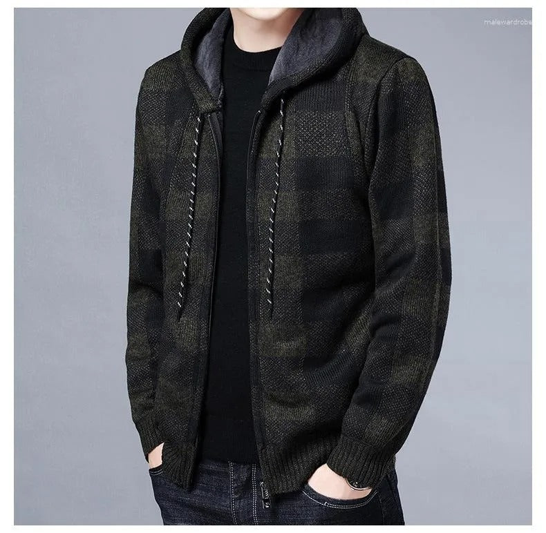 Cappotto invernale casual da uomo con cappuccio in maglia, maglione scozzese, cardigan con cerniera completa 