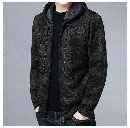 Cappotto invernale casual da uomo con cappuccio in maglia, maglione scozzese, cardigan con cerniera completa 