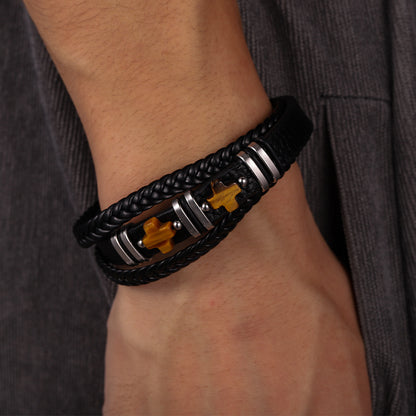 Men’s Magnetic Leather Bracelet Tiger Eye Stone & Double Cross Stainless Steel | YM-0361