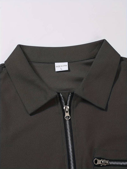 Men's Short-sleeved Lapel Collar T-Shirt Solid Color Quarter Zipped Casual T-Shirt | FLS-4