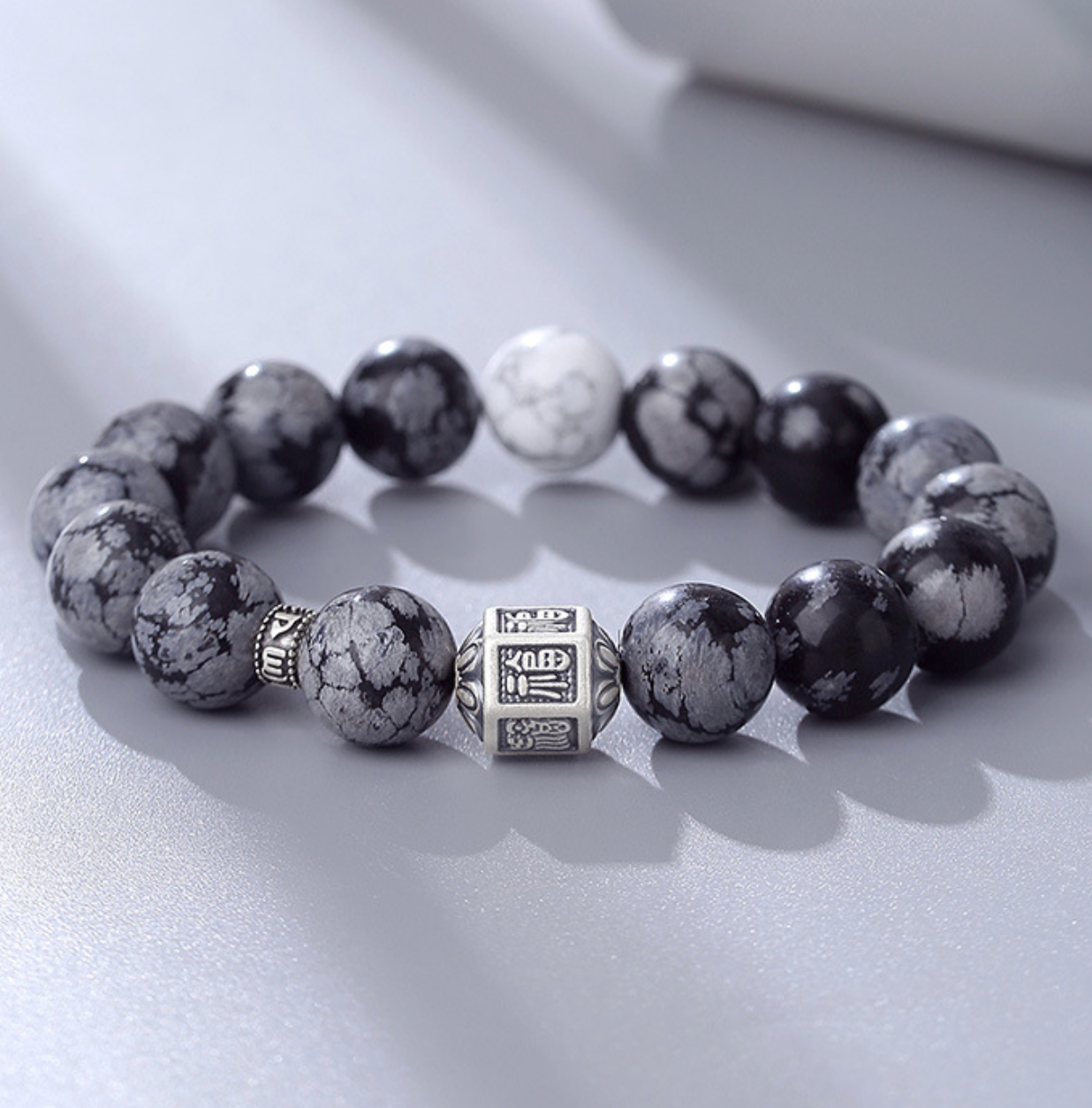 Men’s Blessing Bracelet Handmade Silver Snowflake Obsidian Mantra Beads Bracelet | VB24383-3BBYS