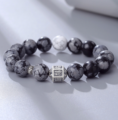 Men’s Blessing Bracelet Handmade Silver Snowflake Obsidian Mantra Beads Bracelet | VB24383-3BBYS