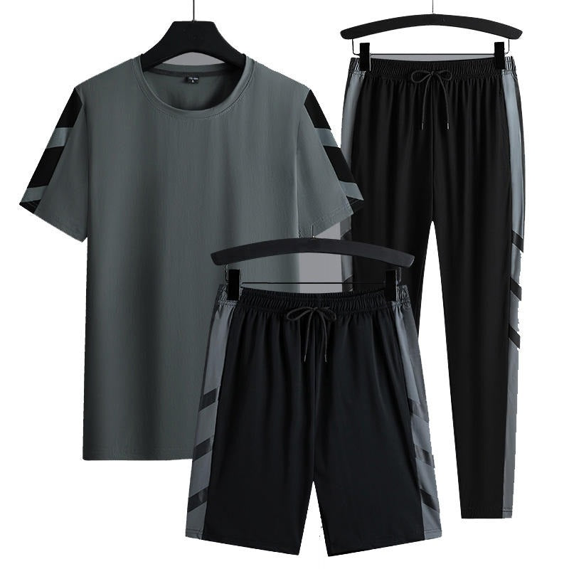 Men's Set Clothes 3 Pieces T Shirt Short Sleeve Solid Color Summer Sets | 1083