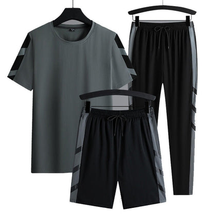 Men's Set Clothes 3 Pieces T Shirt Short Sleeve Solid Color Summer Sets | 1083