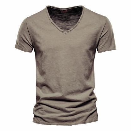 Men’s Deep V-Neck T-Shirt 100% Cotton Plain V-Collar Tee High-Quality Basic T-Shirt | F037