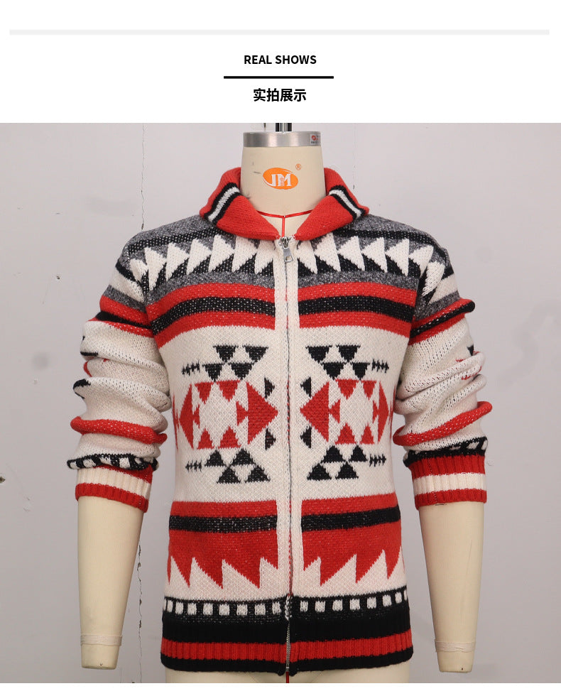 Men's Zipper Cardigan Jacket European & American Long Sleeve Lapel Jacquard Sweater | SY0012