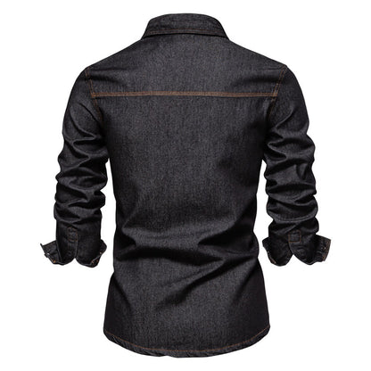 Men’s Washed Denim Shirt – Long Sleeve 100% Cotton Casual Button-Up Top | 6025