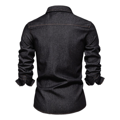 Men’s Euro Fit Washed Cotton Denim Shirt – Long Sleeve Solid Color Casual Button-Up | 6028