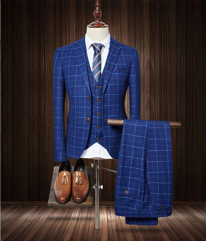 Costume formel 3 pièces rétro en tweed à carreaux, coupe slim à simple boutonnage, blazer, gilet et pantalon, tenue d'affaires, robe de soirée de mariage | 307