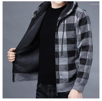 Cappotto invernale casual da uomo con cappuccio in maglia, maglione scozzese, cardigan con cerniera completa 