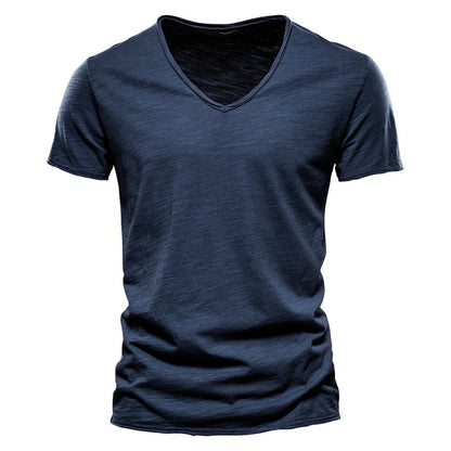 Men’s Deep V-Neck T-Shirt 100% Cotton Plain V-Collar Tee High-Quality Basic T-Shirt | F037