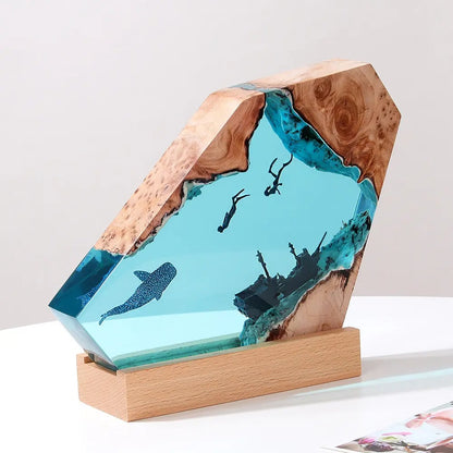 Modern Ocean Art Table Lamp | Solid Wood & Resin Night Light for Bedroom, Office & Perfect Gifts| SC-12
