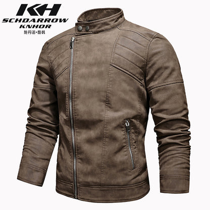 Men's PU Leather Jacket Padded Lapel Oblique Lapel Zipper Korean Stand-up Collar Jacket Blazer | KH-138