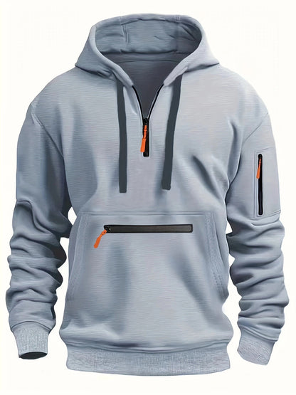 Men’s Pullover Hoodie Solid Pattern Zippered Lined Collar Loose Fit Casual Sportswear | TZ-28