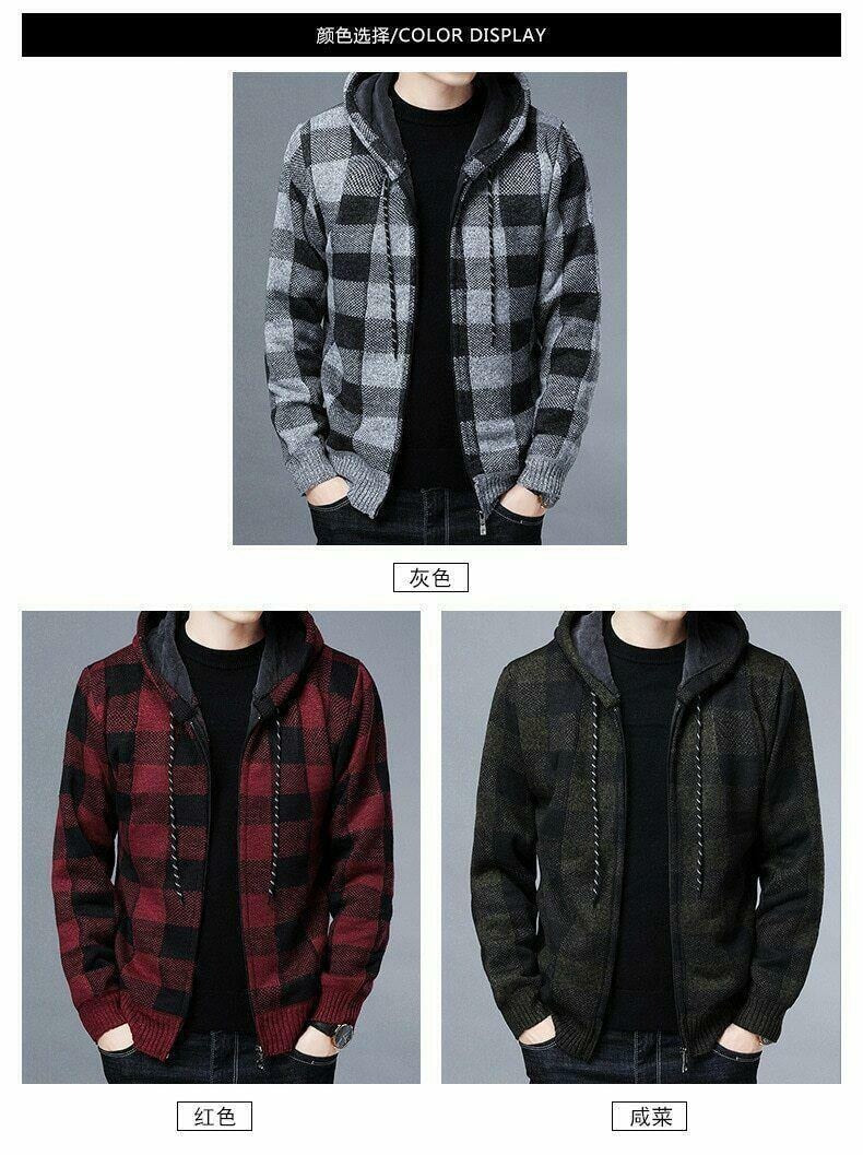 Cappotto invernale casual da uomo con cappuccio in maglia, maglione scozzese, cardigan con cerniera completa 
