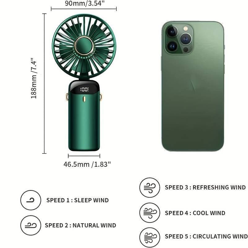 Mini ventilateur portable rechargeable par USB avec 5 vitesses, mini ventilateur pliable à 90 ° avec écran LED, mini ventilateur d'extérieur pour bureau | S12 
