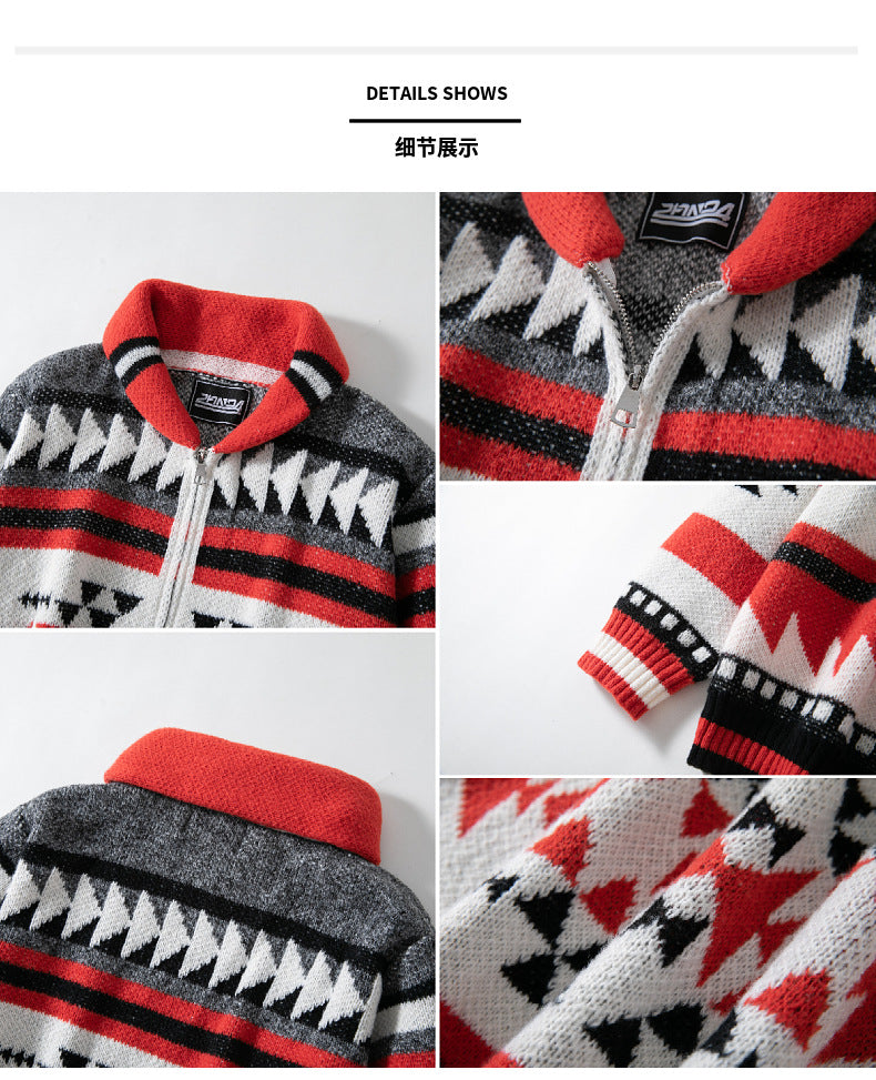 Men's Zipper Cardigan Jacket European & American Long Sleeve Lapel Jacquard Sweater | SY0012