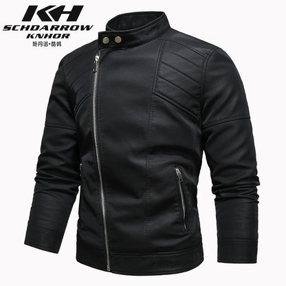 Men's PU Leather Jacket Padded Lapel Oblique Lapel Zipper Korean Stand-up Collar Jacket Blazer | KH-138