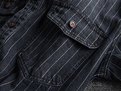 Men's Retro Heavy Distressed Denim Shirt Slim Fit Striped Long Sleeve Shirt | 8833