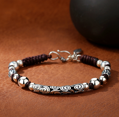 Men’s Sterling Silver Celestial Relief Bracelet Adjustable Fortune Wristband 3D Handcrafted Spiritual Design | CB22031-1BYSR