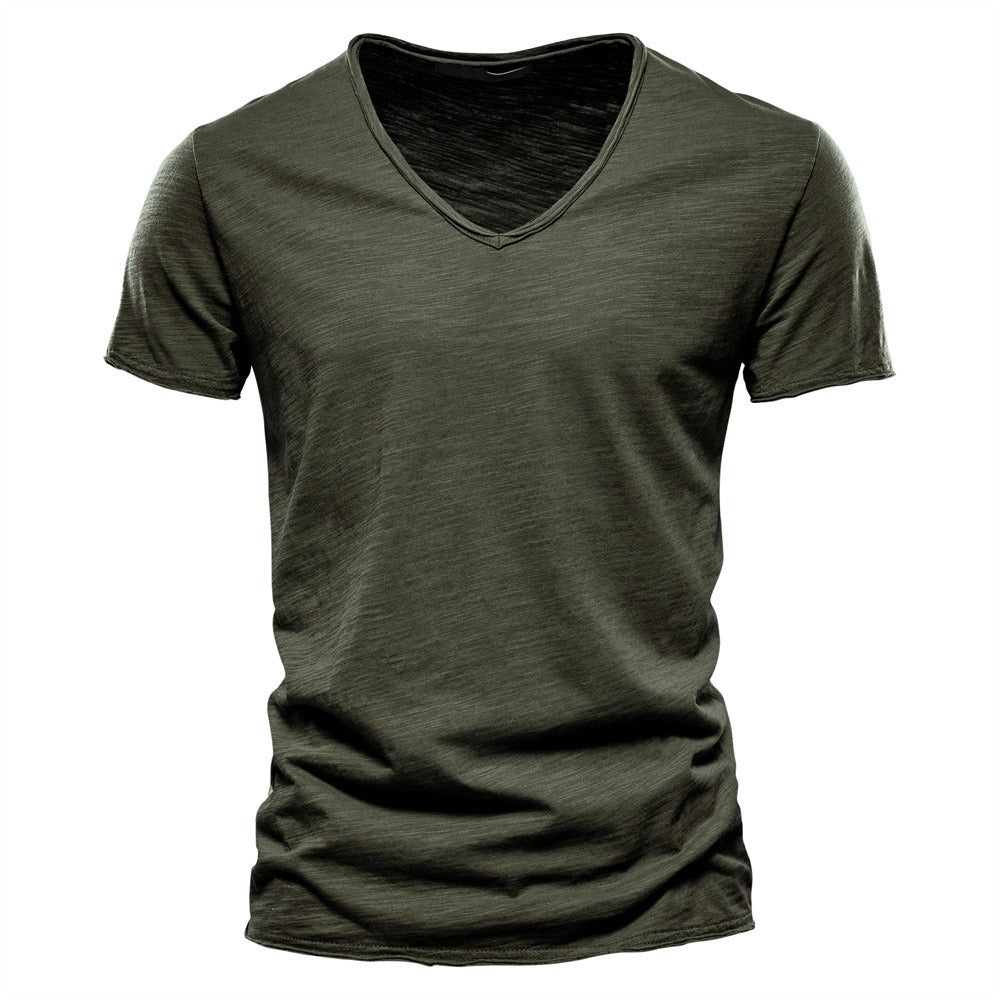 Men’s Deep V-Neck T-Shirt 100% Cotton Plain V-Collar Tee High-Quality Basic T-Shirt | F037