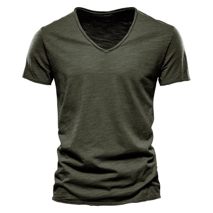 Men’s Deep V-Neck T-Shirt 100% Cotton Plain V-Collar Tee High-Quality Basic T-Shirt | F037