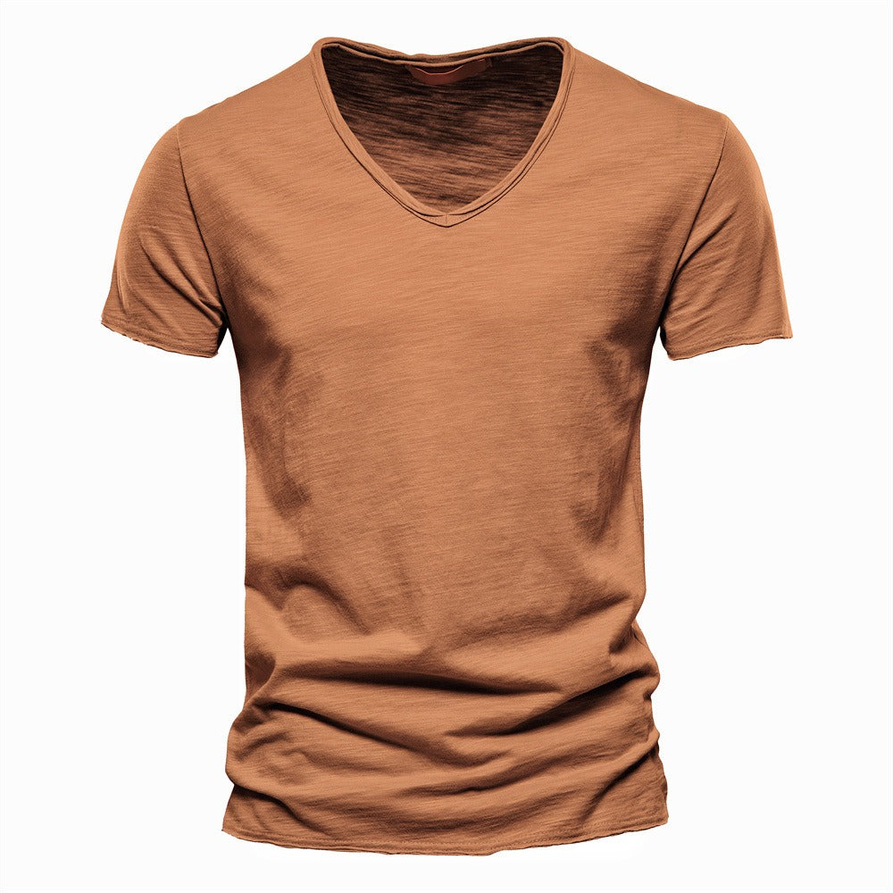 Men’s Deep V-Neck T-Shirt 100% Cotton Plain V-Collar Tee High-Quality Basic T-Shirt | F037