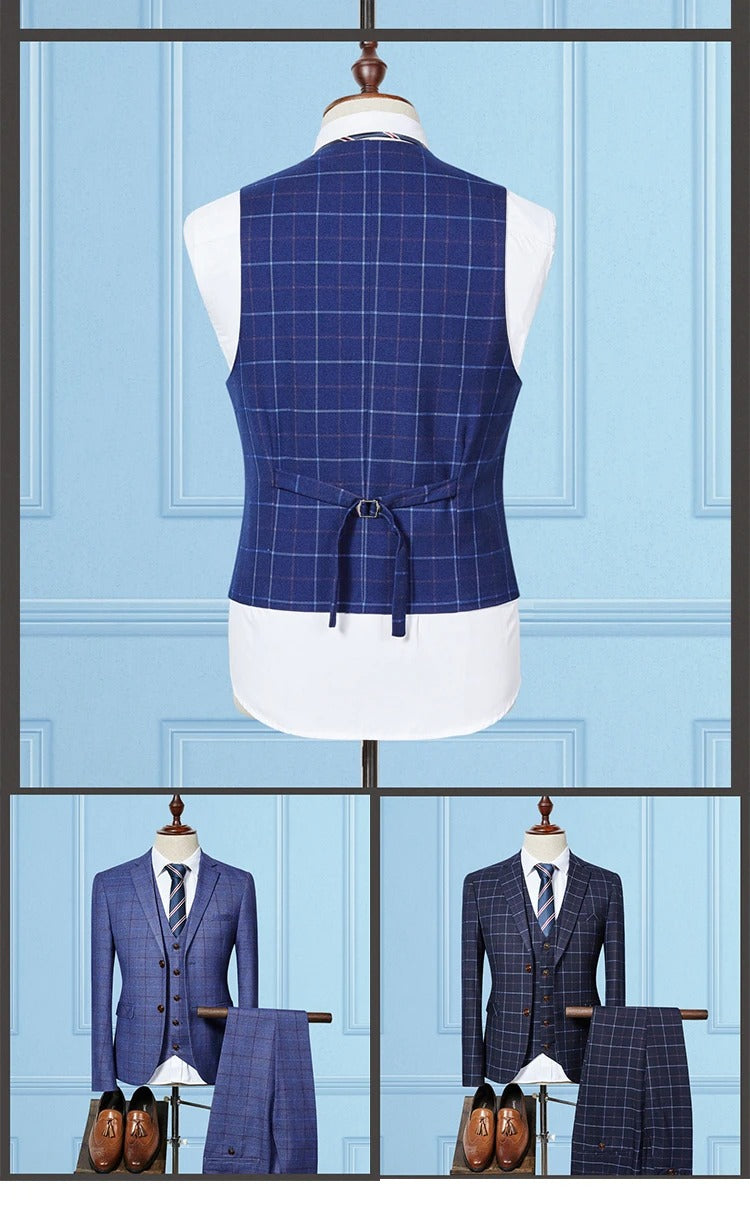 Costume formel 3 pièces rétro en tweed à carreaux, coupe slim à simple boutonnage, blazer, gilet et pantalon, tenue d'affaires, robe de soirée de mariage | 307