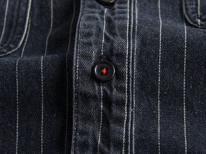 Men's Retro Heavy Distressed Denim Shirt Slim Fit Striped Long Sleeve Shirt | 8833