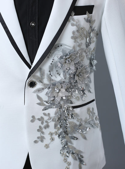 Mens 2 Piece Formal Embroidered Smart Fit Suit Flashing Sequins Crystal Blazers Coat Prom Party Tuxedo Costume Wedding Outfit