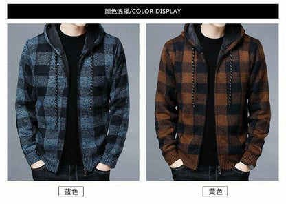 Cappotto invernale casual da uomo con cappuccio in maglia, maglione scozzese, cardigan con cerniera completa 