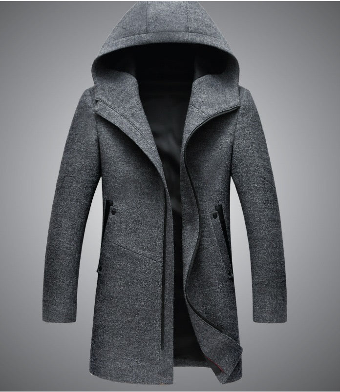 Trench-coat mi-long à capuche et fermeture éclair en laine mélangée de qualité supérieure pour homme | B518 