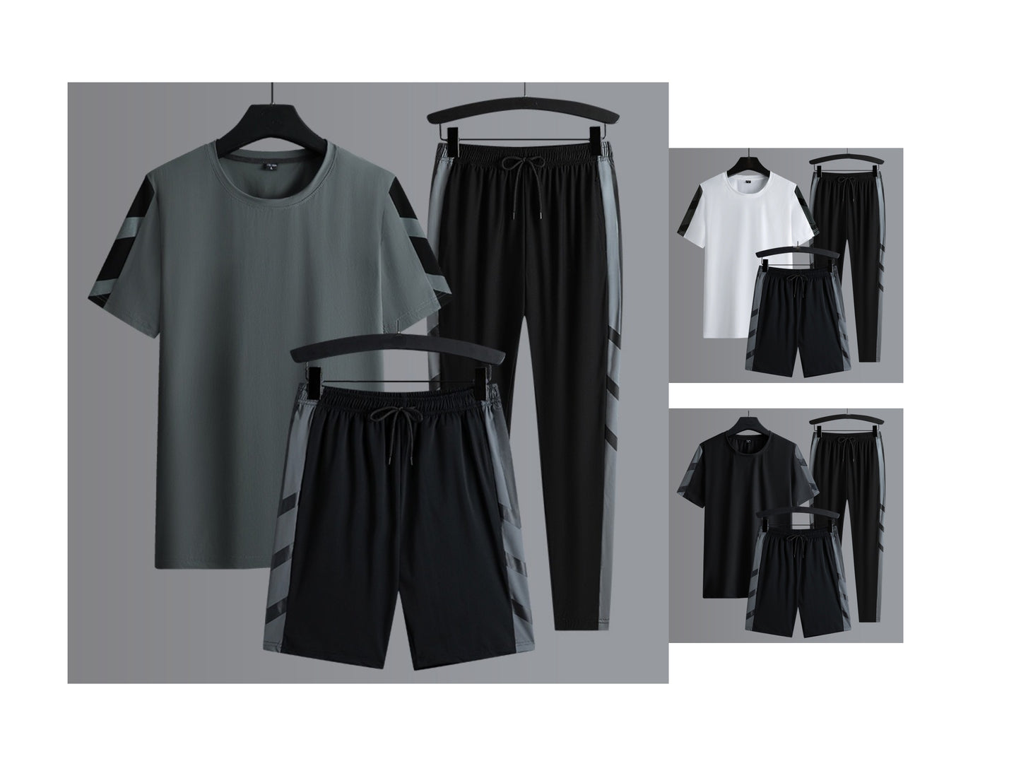 Men's Set Clothes 3 Pieces T Shirt Short Sleeve Solid Color Summer Sets | 1083
