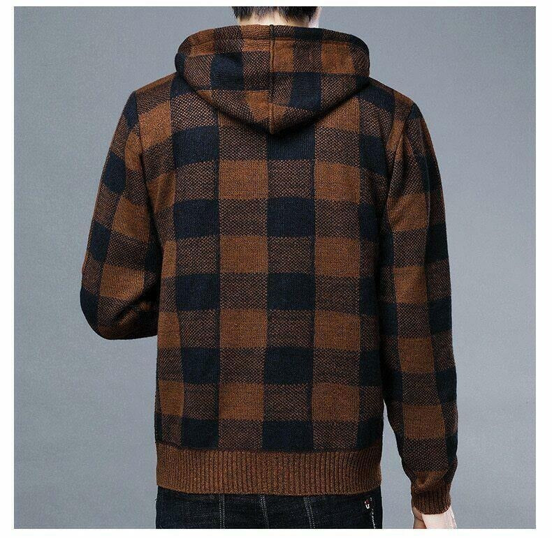 Cappotto invernale casual da uomo con cappuccio in maglia, maglione scozzese, cardigan con cerniera completa 