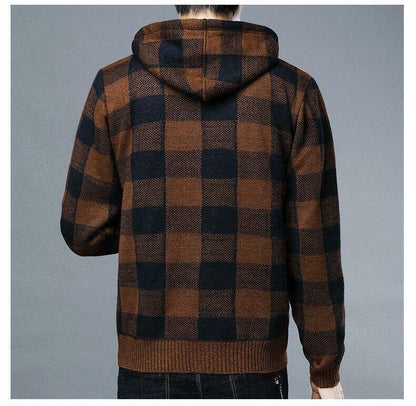 Cappotto invernale casual da uomo con cappuccio in maglia, maglione scozzese, cardigan con cerniera completa 