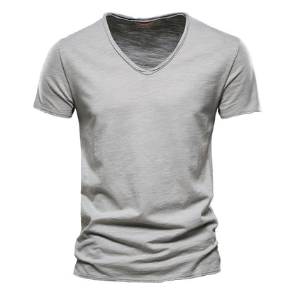 Men’s Deep V-Neck T-Shirt 100% Cotton Plain V-Collar Tee High-Quality Basic T-Shirt | F037