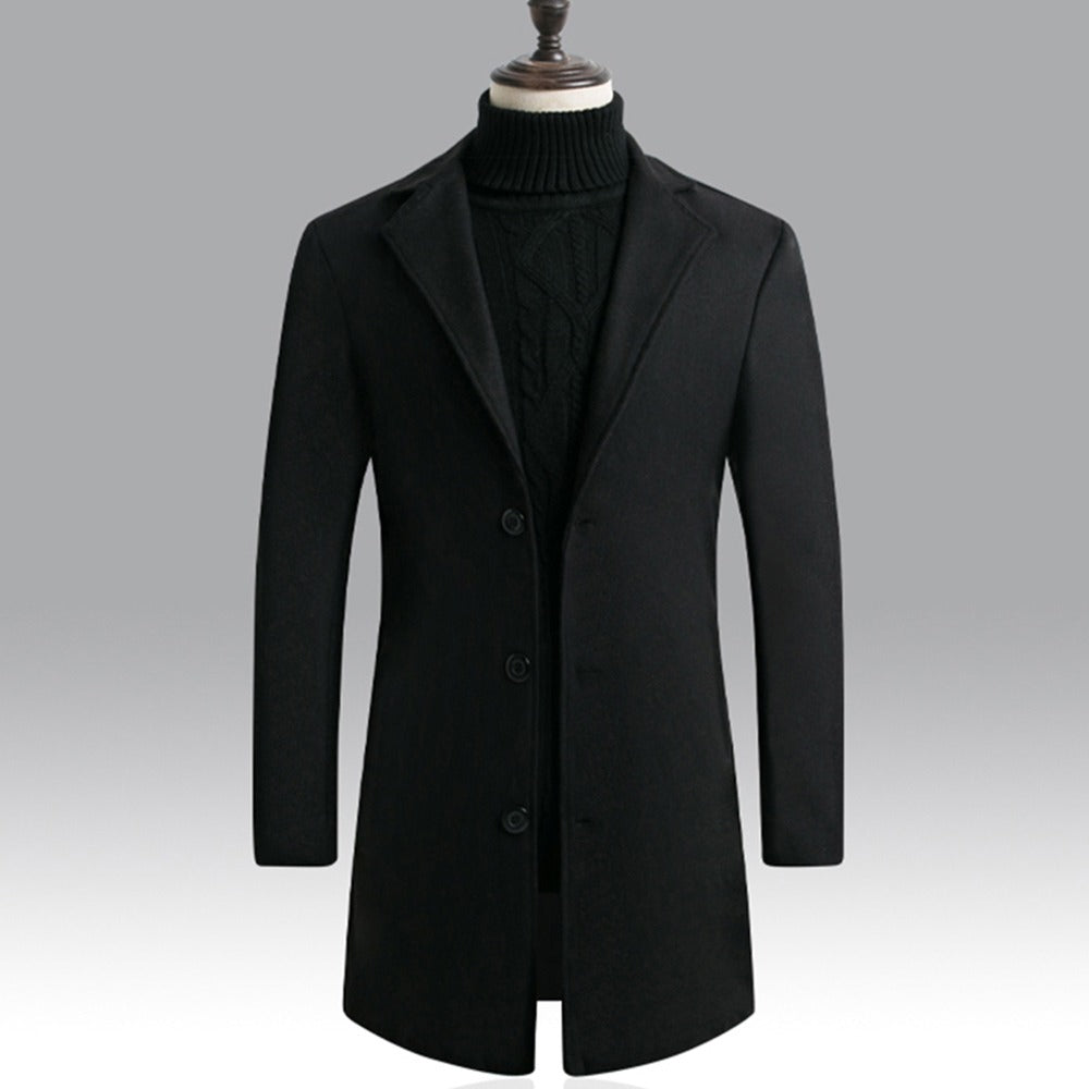 Giacca da uomo in lana tinta unita monopetto con risvolto lungo cappotto business soprabito | D67 