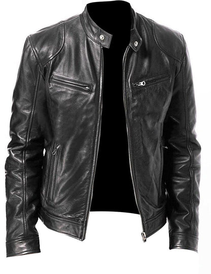 Veste en cuir PU de qualité supérieure avec col montant et coupe ajustée, cardigan chaud à fermeture éclair avec plusieurs poches | PY31 