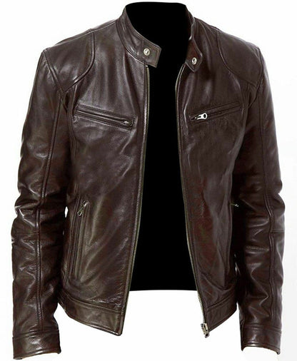 Veste en cuir PU de qualité supérieure avec col montant et coupe ajustée, cardigan chaud à fermeture éclair avec plusieurs poches | PY31 