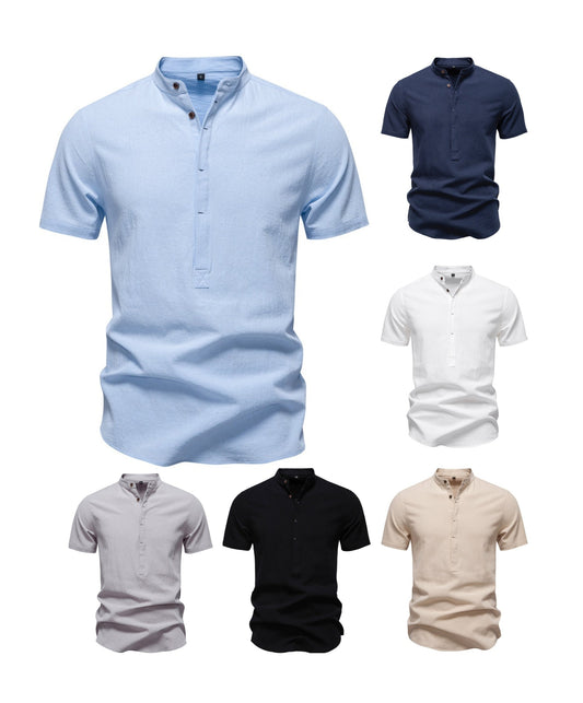 Men's Japanese Minimalist Short Sleeve Linen-Blend Shirt - Summer Slim-Fit Casual Top | SH2039