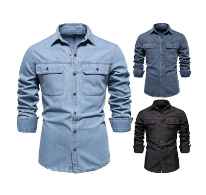 Men’s Washed Denim Shirt – Long Sleeve 100% Cotton Casual Button-Up Top | 6025