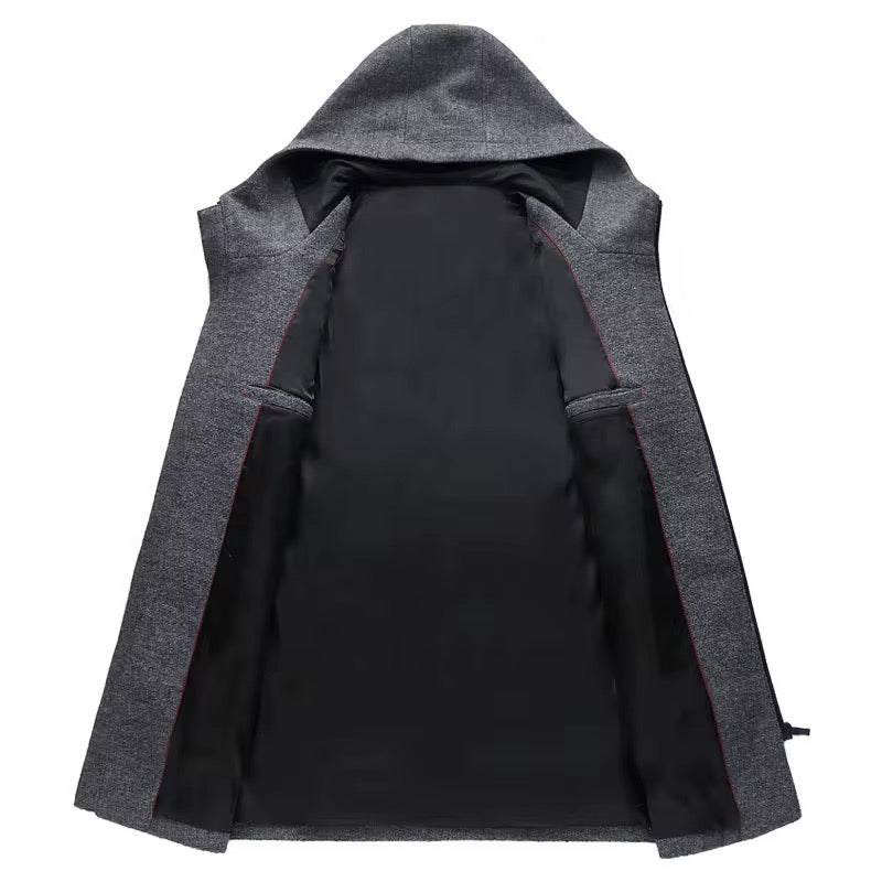 Trench-coat mi-long à capuche et fermeture éclair en laine mélangée de qualité supérieure pour homme | B518 