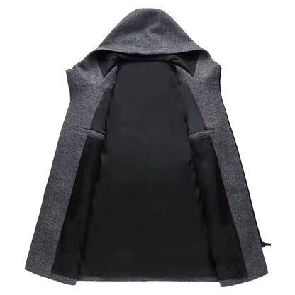 Trench-coat mi-long à capuche et fermeture éclair en laine mélangée de qualité supérieure pour homme | B518 
