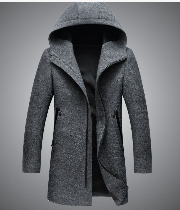 Trench-coat mi-long à capuche et fermeture éclair en laine mélangée de qualité supérieure pour homme | B518 