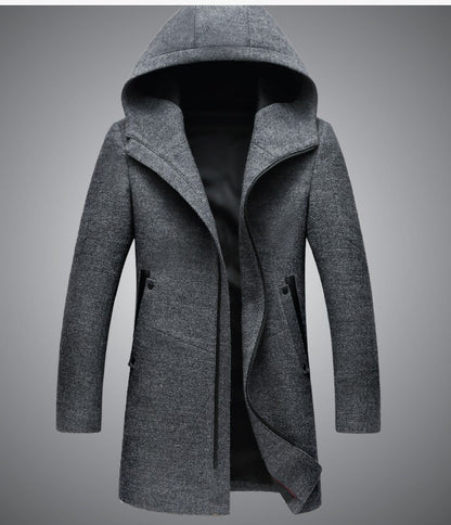 Trench-coat mi-long à capuche et fermeture éclair en laine mélangée de qualité supérieure pour homme | B518 