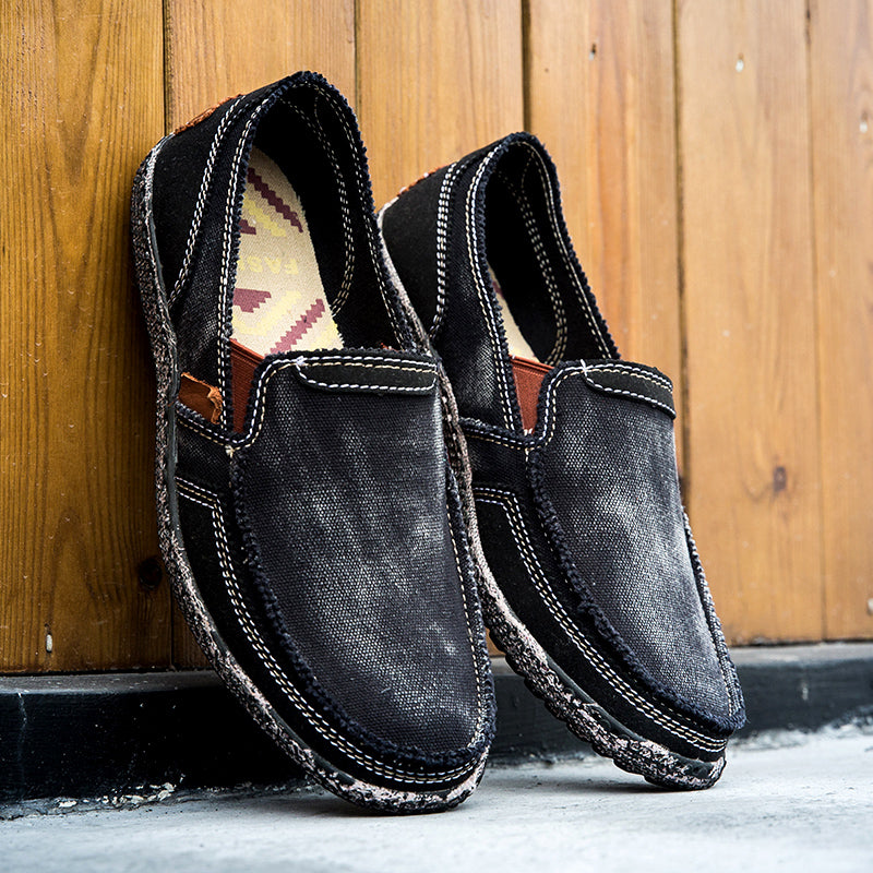 Men’s Washed Canvas Slip-On Shoes | Breathable, Anti-Slip, Classic Deck Style | 8806