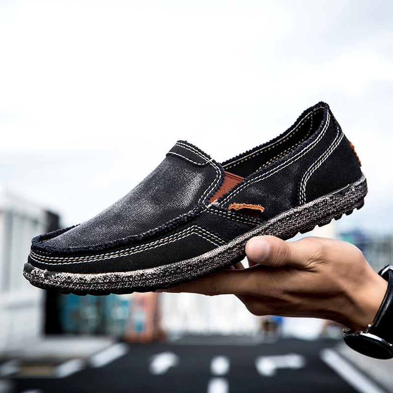 Men’s Washed Canvas Slip-On Shoes | Breathable, Anti-Slip, Classic Deck Style | 8806