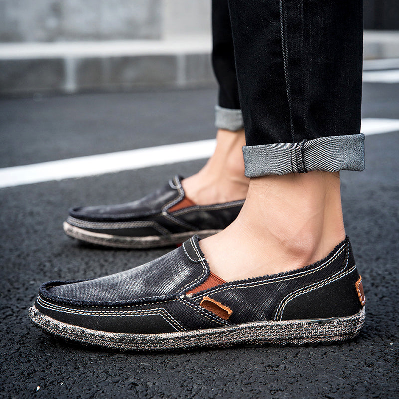 Men’s Washed Canvas Slip-On Shoes | Breathable, Anti-Slip, Classic Deck Style | 8806